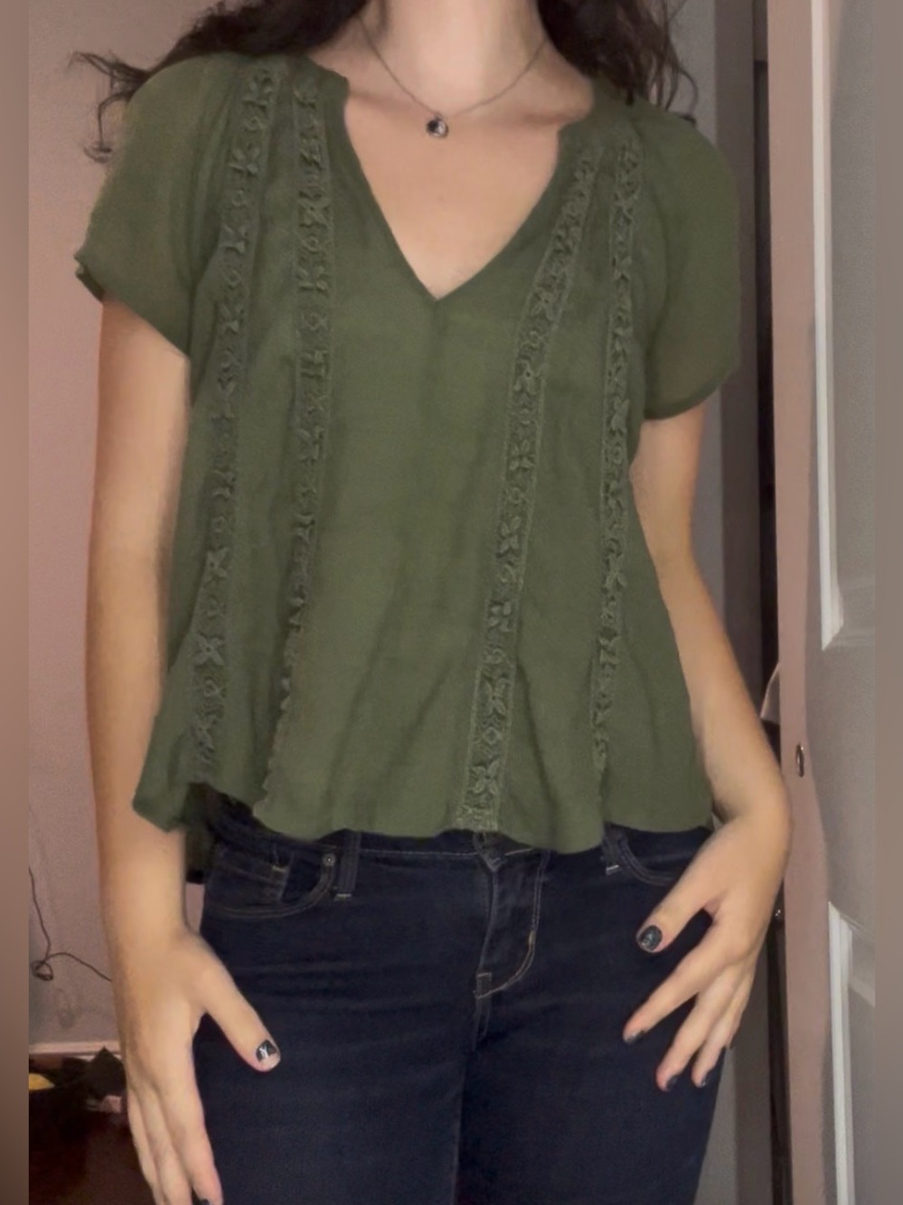 About A Girl Olive Green V-Neck Lace-Panel Short Sleeve Top